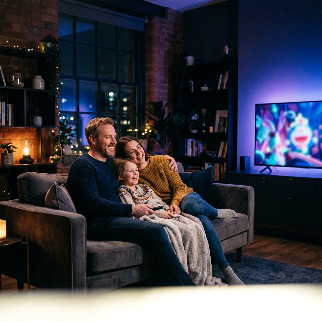 Family watching PioneersTV IPTV on TV